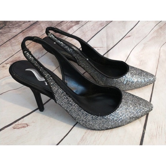 NINA LADIES CINELLI Metallic Black SILVER LA NOCHE SLINGBACK HEELS SIZE 6 M - Picture 2 of 6